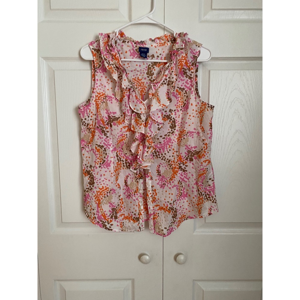 IZOD Womens Pink Orange Abstract Ruffle V-Neck Sleeveless Cotton Blouse Large